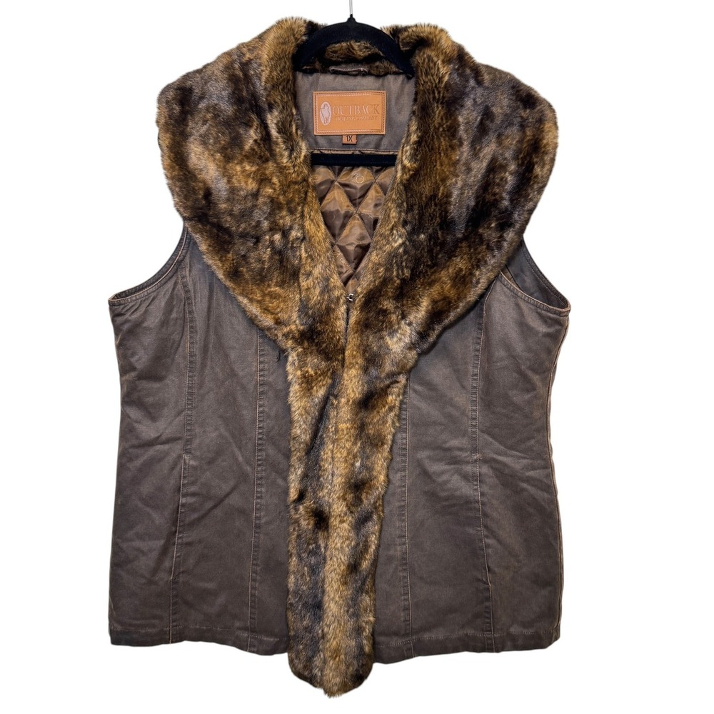 Outback Trading Co Womens Fire Tail Vest 1X Brown Faux Fur Collar Western Cabin